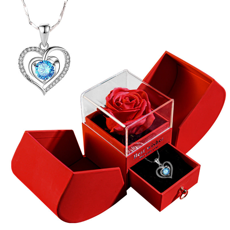 Rose Box with Heart & Blue Stone Necklace
