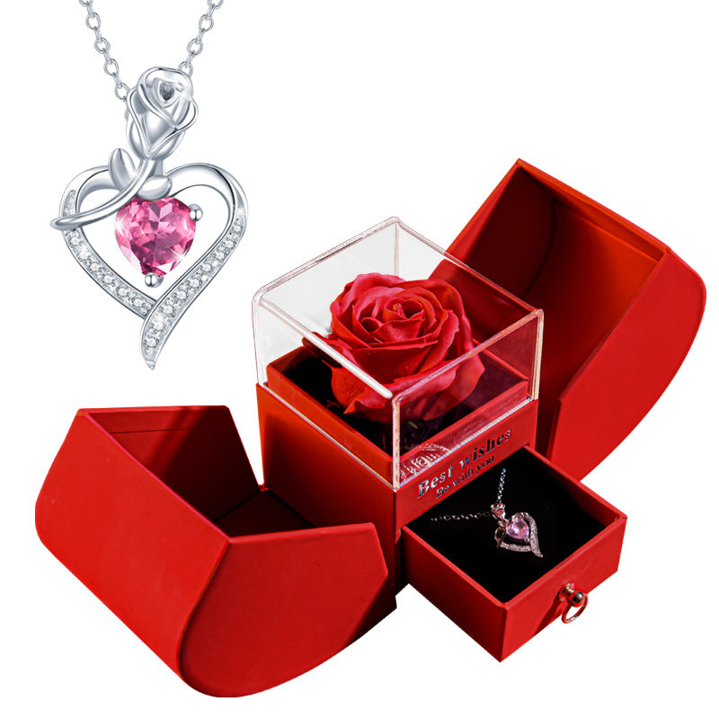 Rose Box with Silver Rose/Heart Necklace and Heart Stone