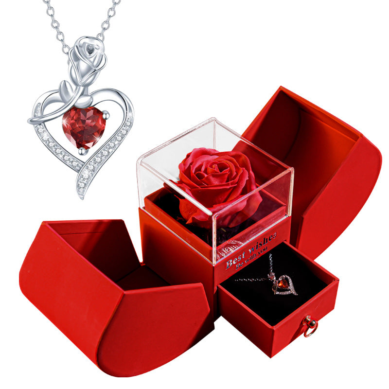 Rose Box with Silver Rose/Heart Necklace and Heart Stone