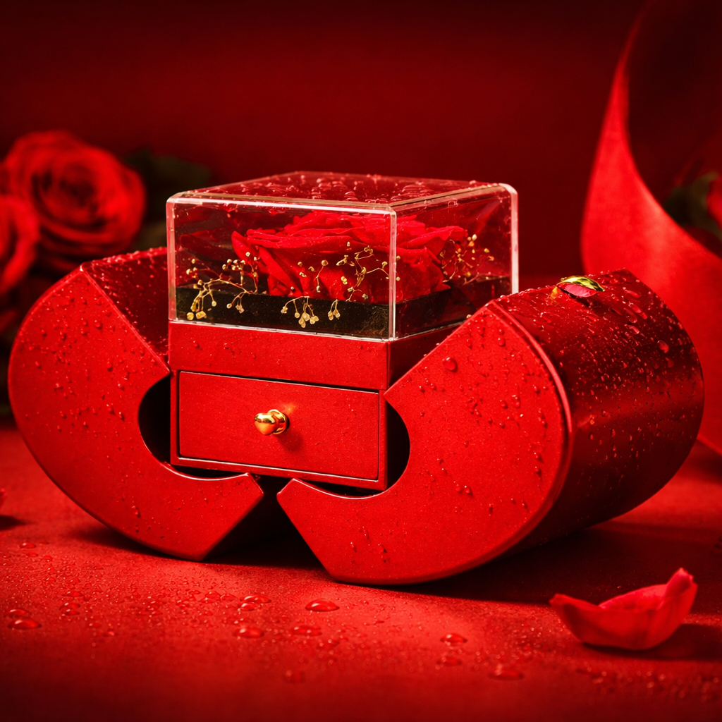 Liebesapfel-Rosen-Geschenkbox mit silberner Herzkette