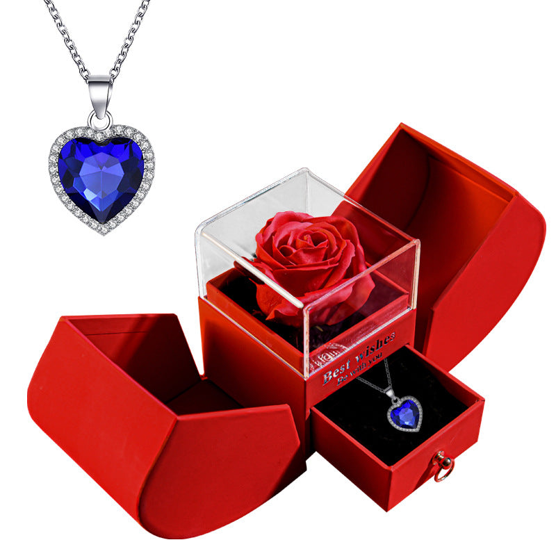 Rose Box with Blue Heart Necklace