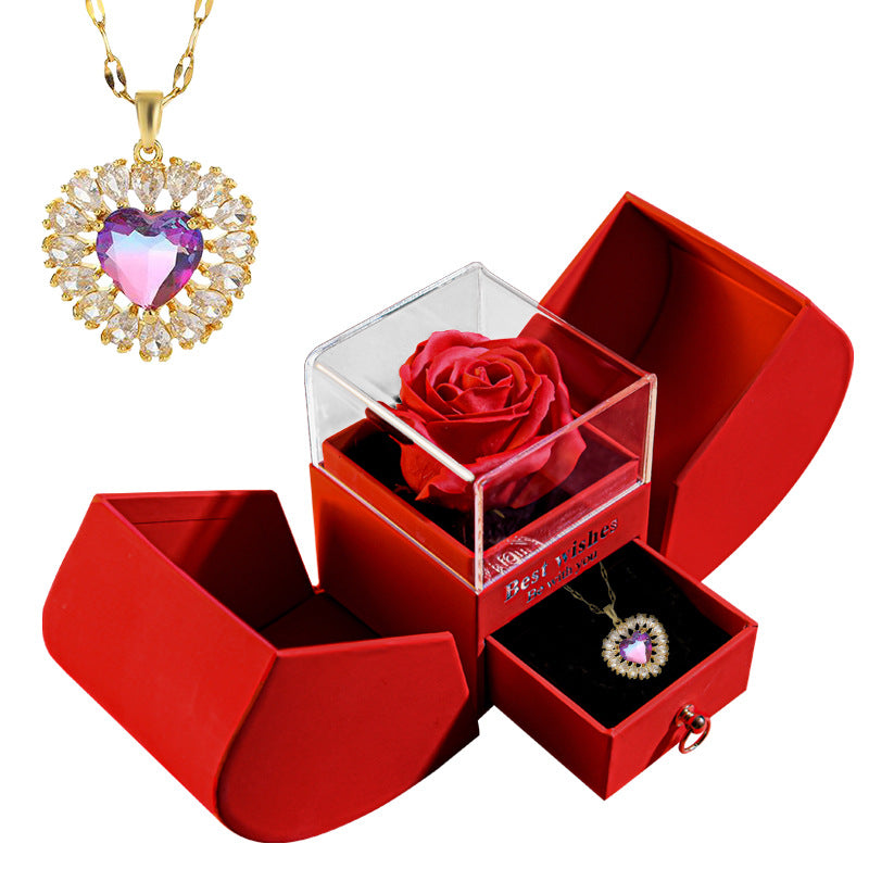 Rose Box with rainbow Heart Pendant with Roses & Necklace ( Gold )